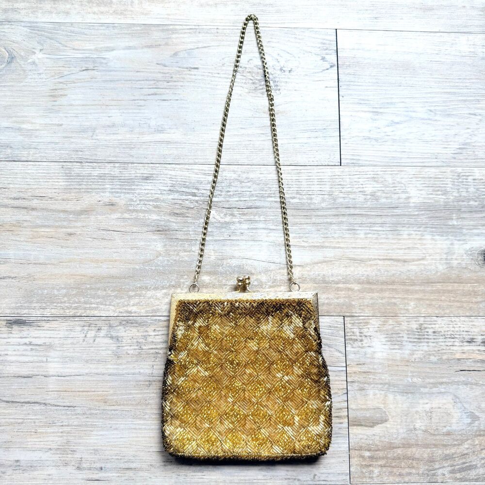Vintage Walborg Gold Beaded Evening Bag Kiss Lock Clutch Purse Hong Kong